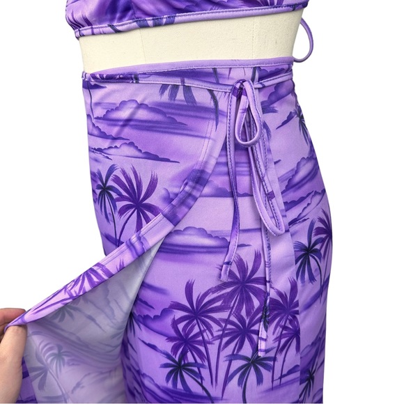 Vintage 90’s Palm Hawaiian Print Tie Halter Crop Top MIDI Wrap Skirt Set - Picture 9 of 16